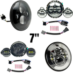 Collage of Moto Iron® 7" LED Headlight Conversion Inserts in various styles, with wiring harnesses and connectors, ideal for Harley-Davidson, all displayed on a white background.