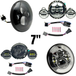 Collage of Moto Iron® 7" LED Headlight Conversion Inserts in various styles, with wiring harnesses and connectors, ideal for Harley-Davidson, all displayed on a white background.