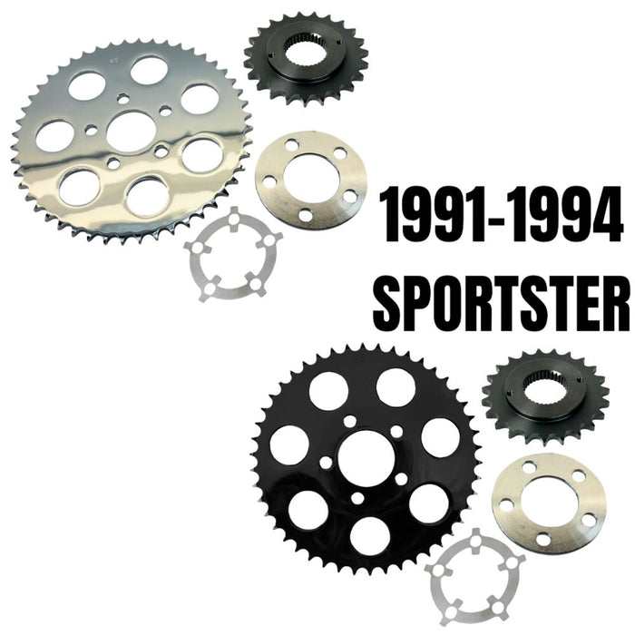 Two TC Bros. Belt-to-Chain Conversion Kits for Harley-Davidson Sportster 1991-1994—one silver, one black—perfect for upgrading to a 530 chain drive or converting from belt to chain.