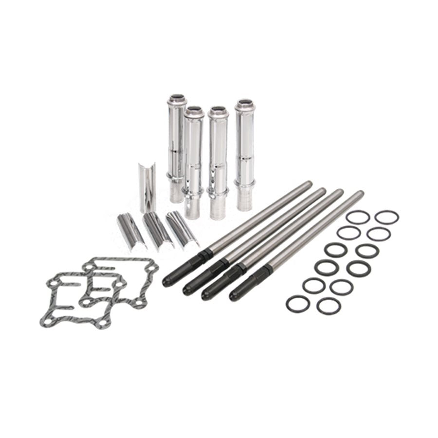 A set of S&S Cycle Adjustable Pushrod Kits For 1999-'16 HD® Big Twins pistons and seals on a white background.