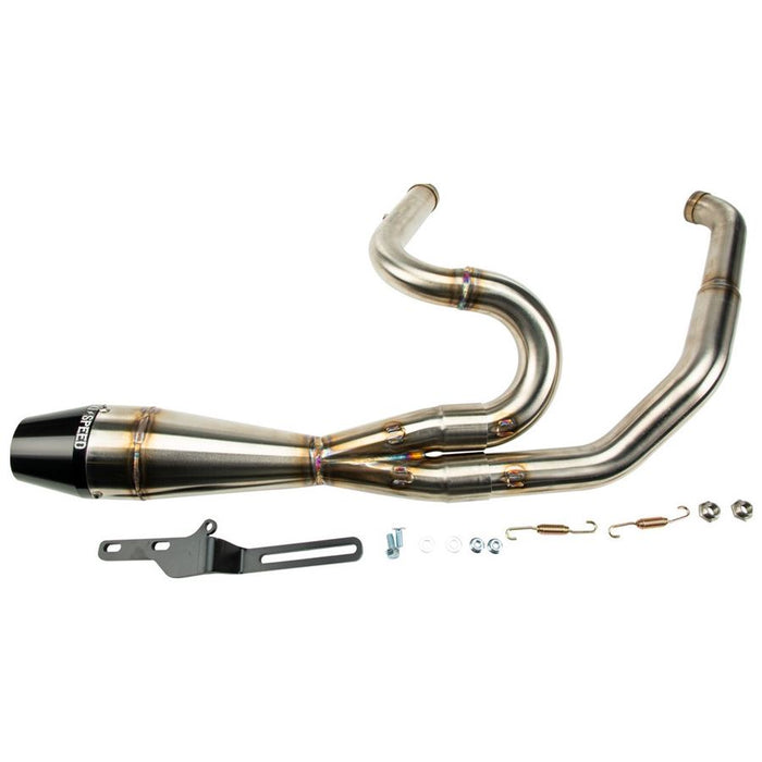 A Sawicki Speed stainless steel exhaust pipe for a motorcycle.