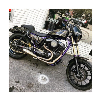 A purple and black motorcycle parked in front of a store, featuring the Sawicki Speed - Cannon 2 into 1 Pipe fits '04-'21 Sportster Models - Stainless, designed for Sportster Models.