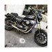 A purple and black motorcycle parked in front of a store, featuring the Sawicki Speed - Cannon 2 into 1 Pipe fits &