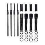 Four S&S Cycle Quickee Adjustable Pushrods and tube set, with rods, bushings, and O-rings arranged neatly on a white background; designed for suspension in 1999-2017 Harley-Davidson Twin Cam models.
