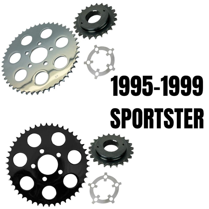 The TC Bros. Belt-to-Chain Conversion Kit for Harley-Davidson Sportster 2000-2003 includes three metal sprockets and a spacer, arranged on a white background—perfect for upgrading your chain drive system.