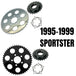 The TC Bros. Belt-to-Chain Conversion Kit for Harley-Davidson Sportster 2000-2003 includes three metal sprockets and a spacer, arranged on a white background—perfect for upgrading your chain drive system.