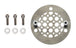 Close-up of a mechanical component featuring a "Pangor Cycles" branding on a circular metal plate. Various bolts, valves, and metal parts are visible, suggesting a part of an engine assembly, possibly connected to the Cheap Sucker Bird Catcher/Air Cleaner for S&S Super E Carburetors.