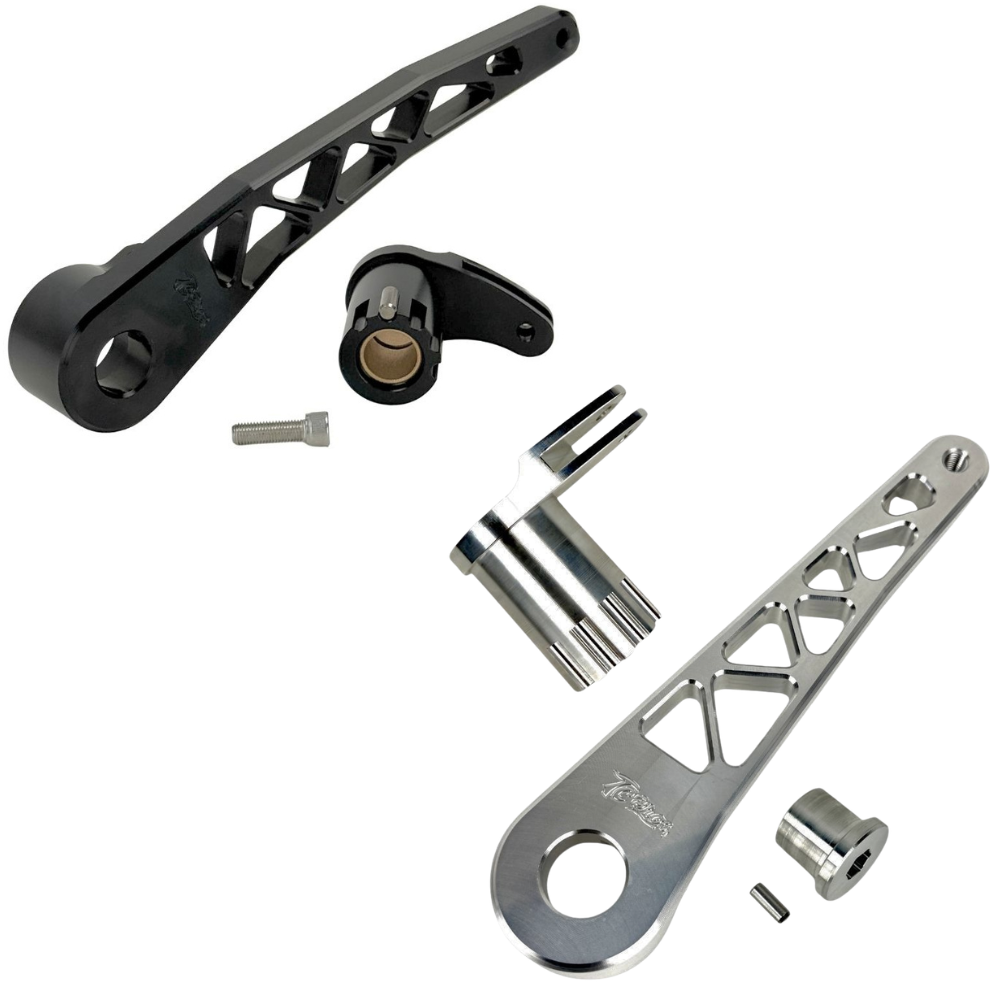 The TC Bros. Pro Series Truss Brake Pedal Arm for 2014-Up Harley-Davidson Touring is shown here in disassembled form, including the black metal pedal arm, matching mounting bracket, and a single screw—all displayed against a white background. Perfect for customizing your Touring/Bagger motorcycle or upgrading your Harley-Davidson with this adjustable brake lever setup from TC Bros.