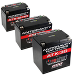 Three AntiGravity RE-START Series Lithium Batteries are displayed in a staggered arrangement on a white background. Each lightweight LiFePO4 battery features innovative RE-START technology for enhanced performance and reliability.