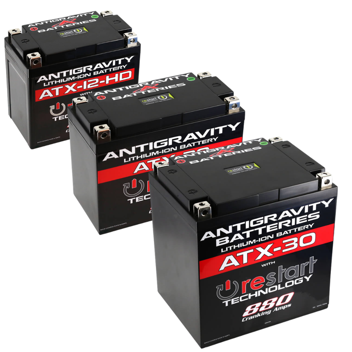 Three AntiGravity RE-START Series Lithium Batteries are displayed in a staggered arrangement on a white background. Each lightweight LiFePO4 battery features innovative RE-START technology for enhanced performance and reliability.