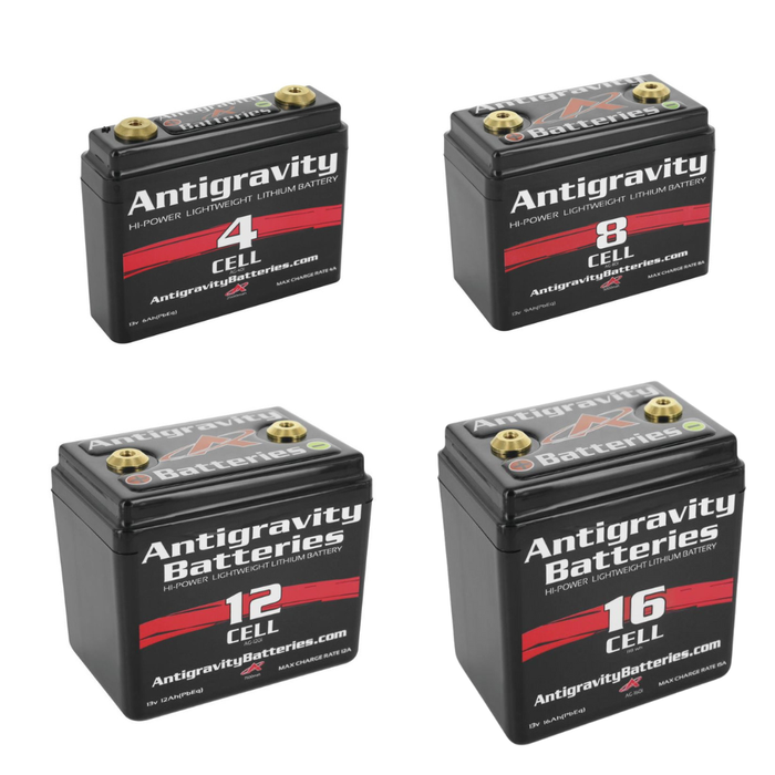 Four black AntiGravity Small Case Lithium-Ion Batteries, labeled 4 Cell, 8 Cell, 12 Cell, and 16 Cell, are arranged in a grid against a white background, highlighting these lightweight motorcycle batteries.