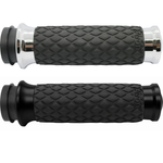 Two black Avon Diamond Contour Grips by Avon Grips, each with a diamond pattern texture—one with chrome ends and one with black ends—compatible with Harley-Davidson First Generation Throttle-By-Wire motorcycles, are shown side view on a white background.