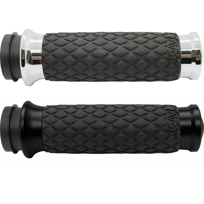 Two black Avon Diamond Contour Grips by Avon Grips, each with a diamond pattern texture—one with chrome ends and one with black ends—compatible with Harley-Davidson First Generation Throttle-By-Wire motorcycles, are shown side view on a white background.
