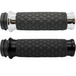 Two black Avon Diamond Contour Grips by Avon Grips, each with a diamond pattern texture—one with chrome ends and one with black ends—compatible with Harley-Davidson First Generation Throttle-By-Wire motorcycles, are shown side view on a white background.