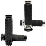 Two black and chrome Avon Diamond Contour Grips for Harley-Davidson Cable Throttle, featuring a diamond pattern texture, are displayed from different angles on a white background. These Avon Grips enhance both the style and comfort of your motorcycle handlebars.