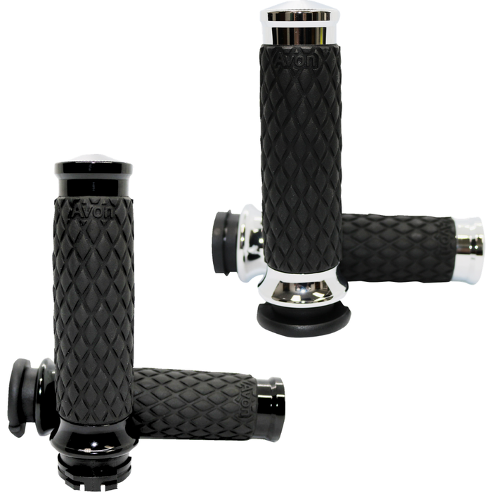Two black and chrome Avon Diamond Contour Grips for Harley-Davidson Cable Throttle, featuring a diamond pattern texture, are displayed from different angles on a white background. These Avon Grips enhance both the style and comfort of your motorcycle handlebars.