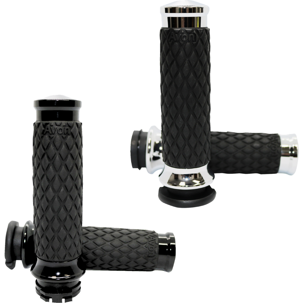 Two black and chrome Avon Diamond Contour Grips for Harley-Davidson Cable Throttle, featuring a diamond pattern texture, are displayed from different angles on a white background. These Avon Grips enhance both the style and comfort of your motorcycle handlebars.