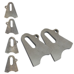 TC Bros. Axle Plates by TC Bros.—two flat metal plates with a rounded cutout, slotted hole, and small top circular hole—are designed for hardtail frame repair and shown on a white background.