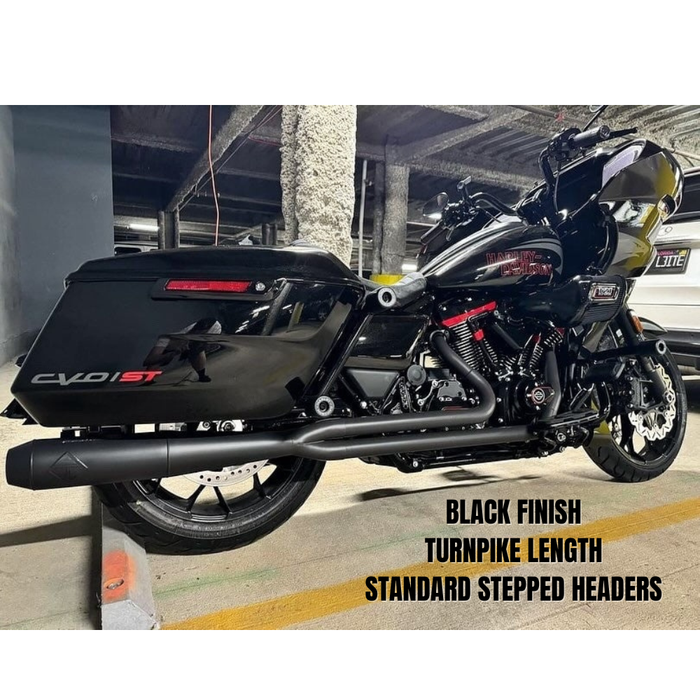 SP Concepts Lane Splitter Exhaust for Harley Touring 2017-2025 is shown in stainless steel, black, and black onyx finishes—labeled side by side—offering stylish customization options for your ride.