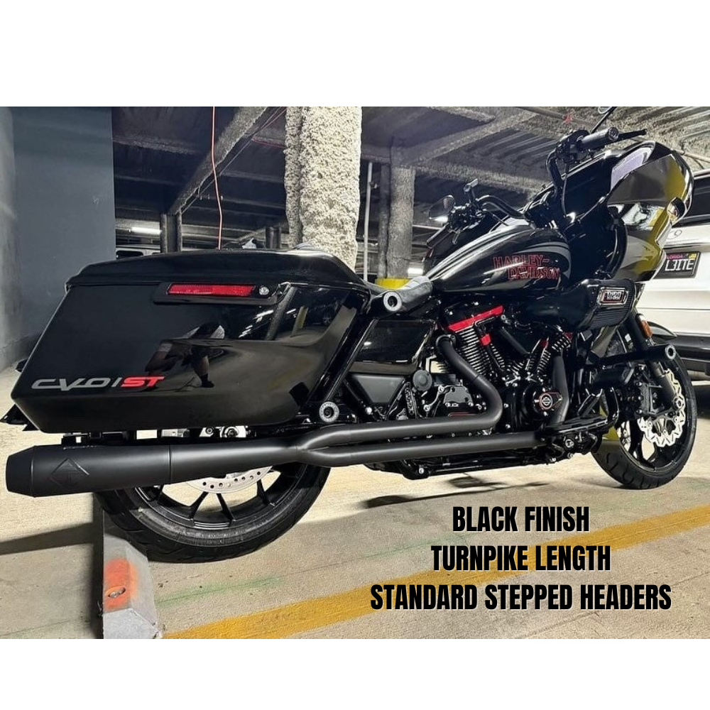SP Concepts Lane Splitter Exhaust for Harley Touring 2017-2025 is shown in stainless steel, black, and black onyx finishes—labeled side by side—offering stylish customization options for your ride.