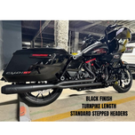 SP Concepts Lane Splitter Exhaust for Harley Touring 2017-2025 is shown in stainless steel, black, and black onyx finishes—labeled side by side—offering stylish customization options for your ride.
