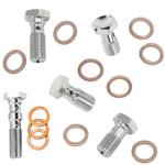 Six Goodridge Banjo Bolts and seven copper washers by Goodridge are arranged on a white background, showcasing key components for brake lines and fluid transfer systems.