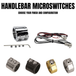 The HardDrive Handlebar Button Mini Switch Kit by HardDrive includes mounting hardware, wiring for internally-wired handlebars, and connector. Available in matte black, chrome, gold, and brushed metal finishes.