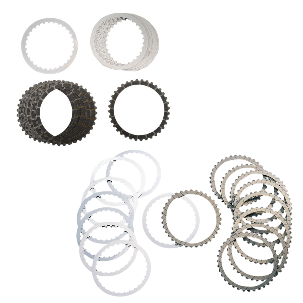 A Barnett Clutch Kit for 1990-1997 Harley-Davidson Big Twin and 1991-2022 Sportster, featuring six white friction plates and eight steel plates, is arranged in two groups on a white background.