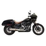 A blue and black cruiser motorcycle with white accents is shown in side profile on a white background, featuring the Bassani 2-into-1 Stainless Exhaust with Super Bike Muffler for 2018–2024 Harley-Davidson Low Rider ST, Heritage, and Sport Glide.