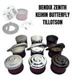 The TC Bros. Air Cleaner for Harley-Davidson Bendix, Zenith, and Keihin Butterfly Carburetors features red pleated fabric and a ribbed silver metal cap. This round cleaner by TC Bros. is shown against a white background.