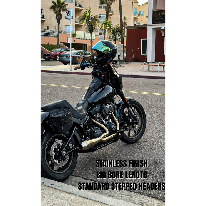 The SP Concepts Exhaust System for 2018-Up Harley-Davidson Softail is shown with mounting hardware and accessories on a white background—ideal for customizing your Harley exhaust setup.