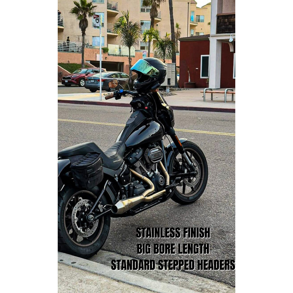 The SP Concepts Exhaust System for 2018-Up Harley-Davidson Softail is shown with mounting hardware and accessories on a white background—ideal for customizing your Harley exhaust setup.