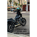 The SP Concepts Exhaust System for 2018-Up Harley-Davidson Softail is shown with mounting hardware and accessories on a white background—ideal for customizing your Harley exhaust setup.