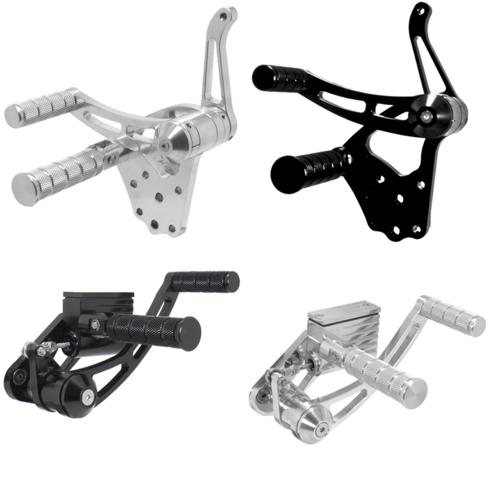 Four Mid-USA billet aluminum rearset foot peg assemblies, including a silver and black Complete Forward Controls Kit for 1936-1999 Harley-Davidson Big Twin, are shown against a white background.