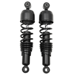 Two pairs of Drag Specialties Replacement Shocks for 1980-2025 Harley-Davidson Touring are shown—one chrome, one black—side by side on a white background, perfect replacement parts for your Harley, from Drag Specialties.