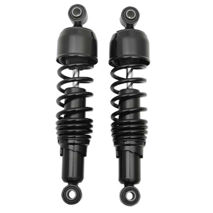 Two pairs of Drag Specialties Replacement Shocks for 1980-2025 Harley-Davidson Touring are shown—one chrome, one black—side by side on a white background, perfect replacement parts for your Harley, from Drag Specialties.