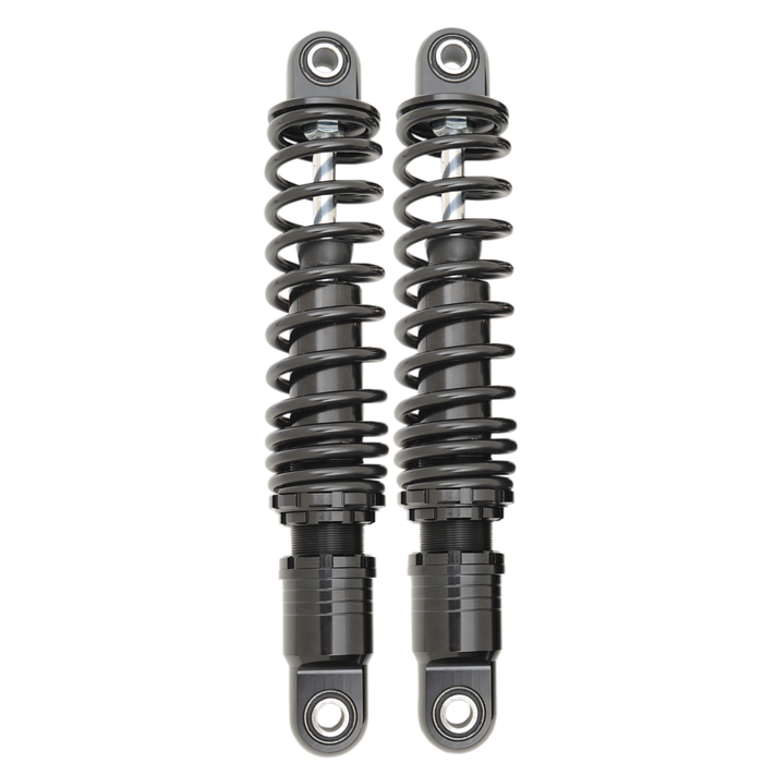 Two pairs of motorcycle shocks are shown: the top is Drag Specialties Premium Adjustable Height Shocks for 1980-2025 Harley-Davidson Touring in matte black; the bottom pair features chrome with black accents, ideal for Touring models.