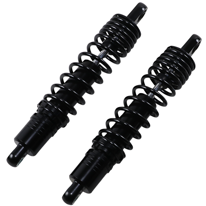 Two chrome coilover shocks, diagonally placed on a white background—Drag Specialties Premium Adjustable Height Shocks for 2004-2022 Harley-Davidson Sportster.