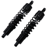 Two chrome coilover shocks, diagonally placed on a white background—Drag Specialties Premium Adjustable Height Shocks for 2004-2022 Harley-Davidson Sportster.