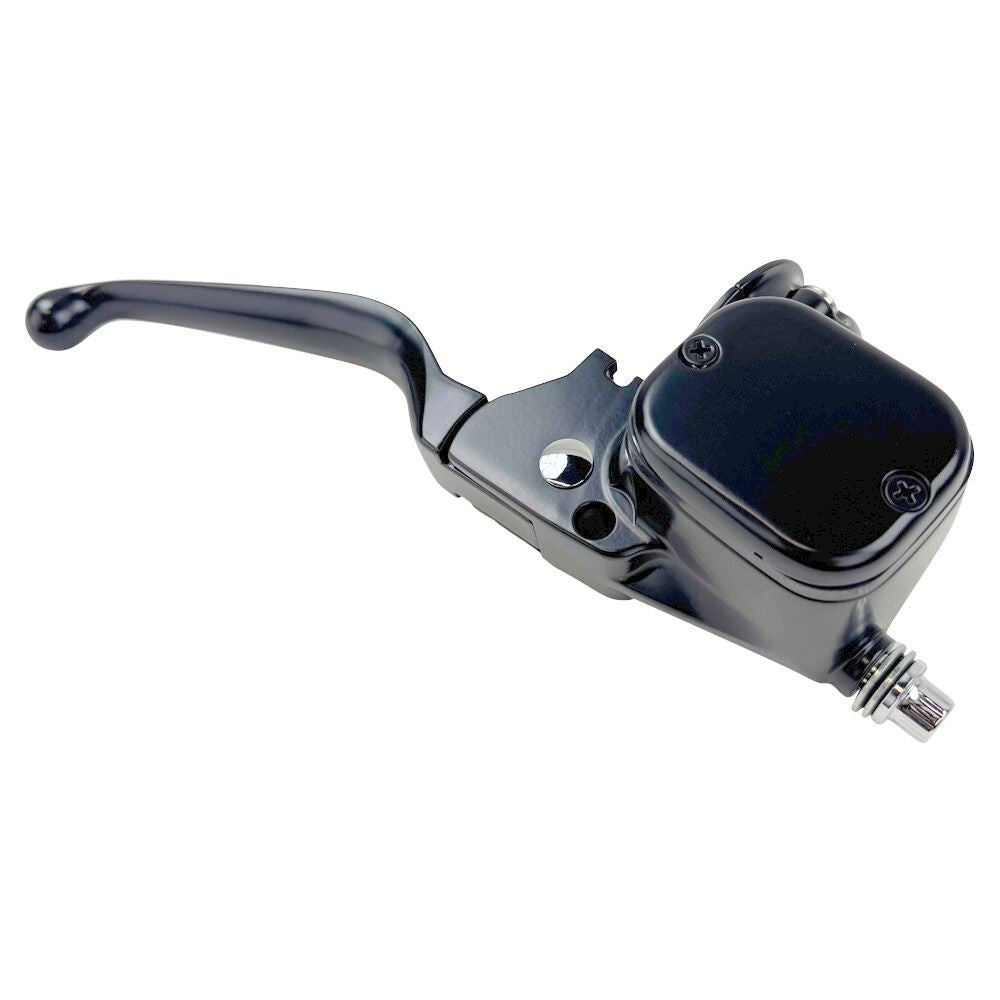 A front brake master assembly by Moto Iron® designed for Harley 1996-2017 models, featuring a black curved handle and an attached reservoir compatible with OEM Master systems, including mounting components for single disc applications.