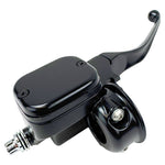 Close-up of a Moto Iron® Front Brake Master Cylinder for 1996-2017 Harley-Davidson, featuring a black finish, mounting clamp, and adjustment screw.