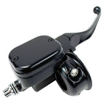 A front brake master assembly by Moto Iron® designed for Harley 1996-2017 models, featuring a black curved handle and an attached reservoir compatible with OEM Master systems, including mounting components for single disc applications.