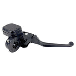 Close-up of a Moto Iron® Front Brake Master Cylinder for 1996-2017 Harley-Davidson, featuring a black finish, mounting clamp, and adjustment screw.