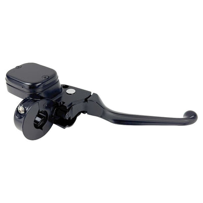 A front brake master assembly by Moto Iron® designed for Harley 1996-2017 models, featuring a black curved handle and an attached reservoir compatible with OEM Master systems, including mounting components for single disc applications.
