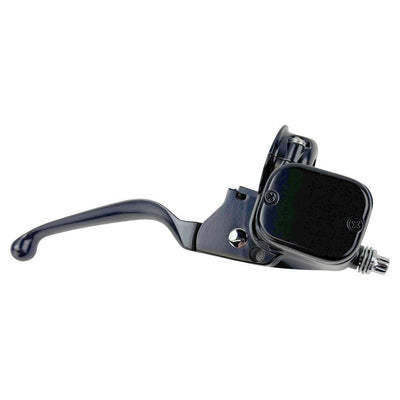 A front brake master assembly by Moto Iron® designed for Harley 1996-2017 models, featuring a black curved handle and an attached reservoir compatible with OEM Master systems, including mounting components for single disc applications.