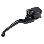 Close-up of a Moto Iron® Front Brake Master Cylinder for 1996-2017 Harley-Davidson, featuring a black finish, mounting clamp, and adjustment screw.