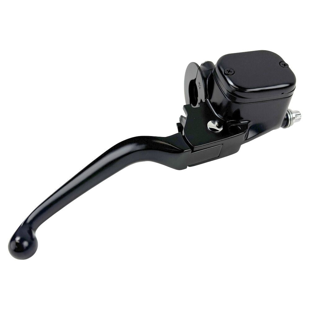 A front brake master assembly by Moto Iron® designed for Harley 1996-2017 models, featuring a black curved handle and an attached reservoir compatible with OEM Master systems, including mounting components for single disc applications.