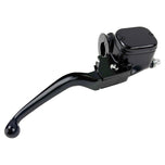 A front brake master assembly by Moto Iron® designed for Harley 1996-2017 models, featuring a black curved handle and an attached reservoir compatible with OEM Master systems, including mounting components for single disc applications.