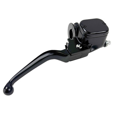 A front brake master assembly by Moto Iron® designed for Harley 1996-2017 models, featuring a black curved handle and an attached reservoir compatible with OEM Master systems, including mounting components for single disc applications.