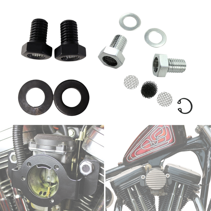 Harley-Davidson aftermarket carburetor filter kit with TC Bros Breather Bolts For 1991-2022 Sportster & EVO Big Twin for improved crankcase venting.